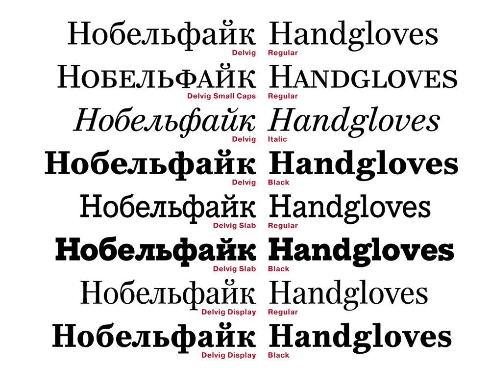 Примеры шрифтов на словах "Нобельфайк" и "Handgloves"